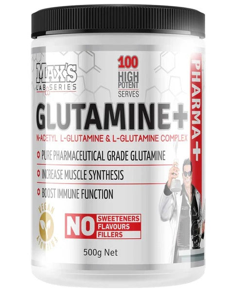 Glutamine+ by Max's supplement front view