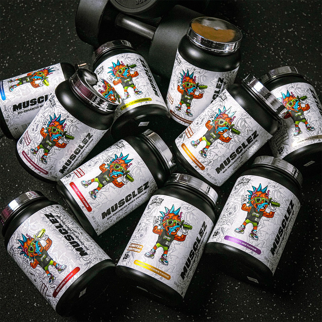 MUSCLEZ by ZOMBIE Supplement Jar on Gym Bench