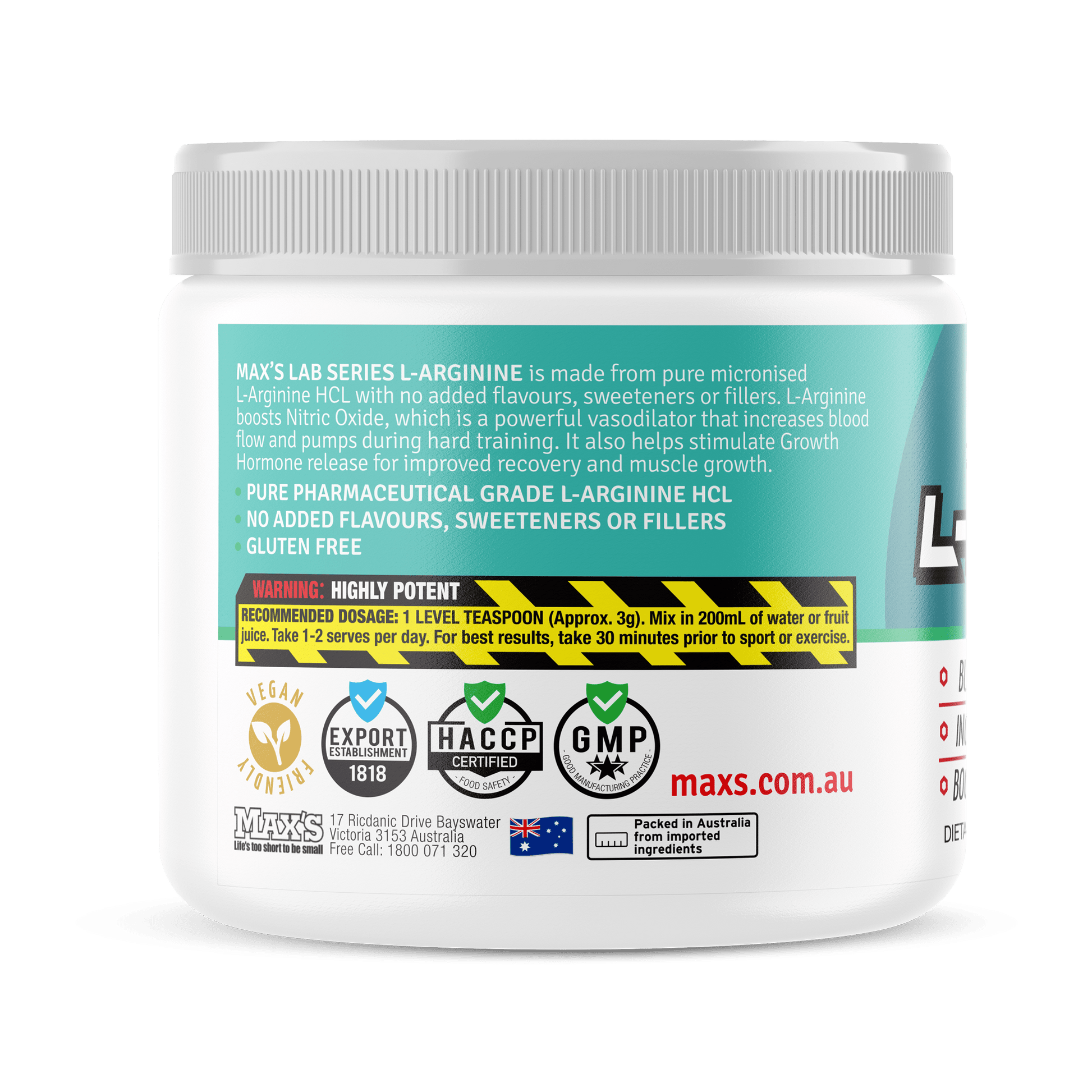 Max's Lab Series L-Arginine — pure nitric oxide and growth support supplement