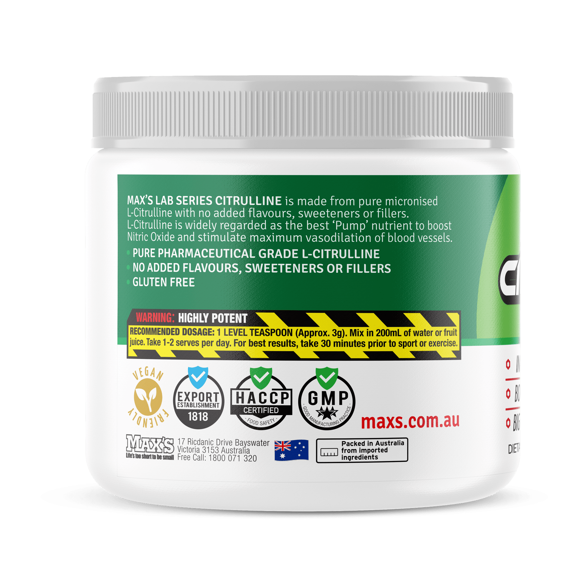 Max's Lab Series L-Citrulline supplement bottle close-up