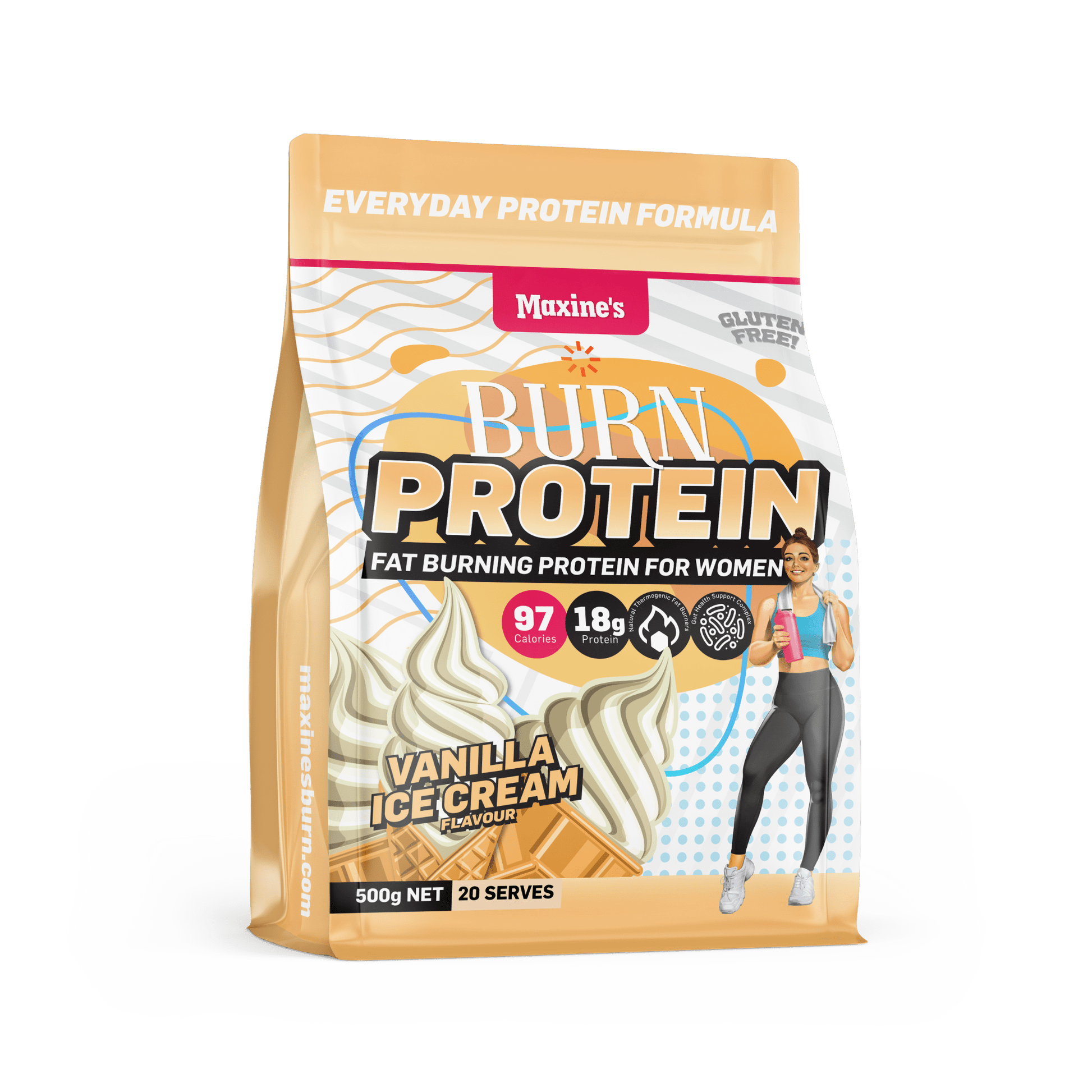 Maxine’s BURN Protein powder tub