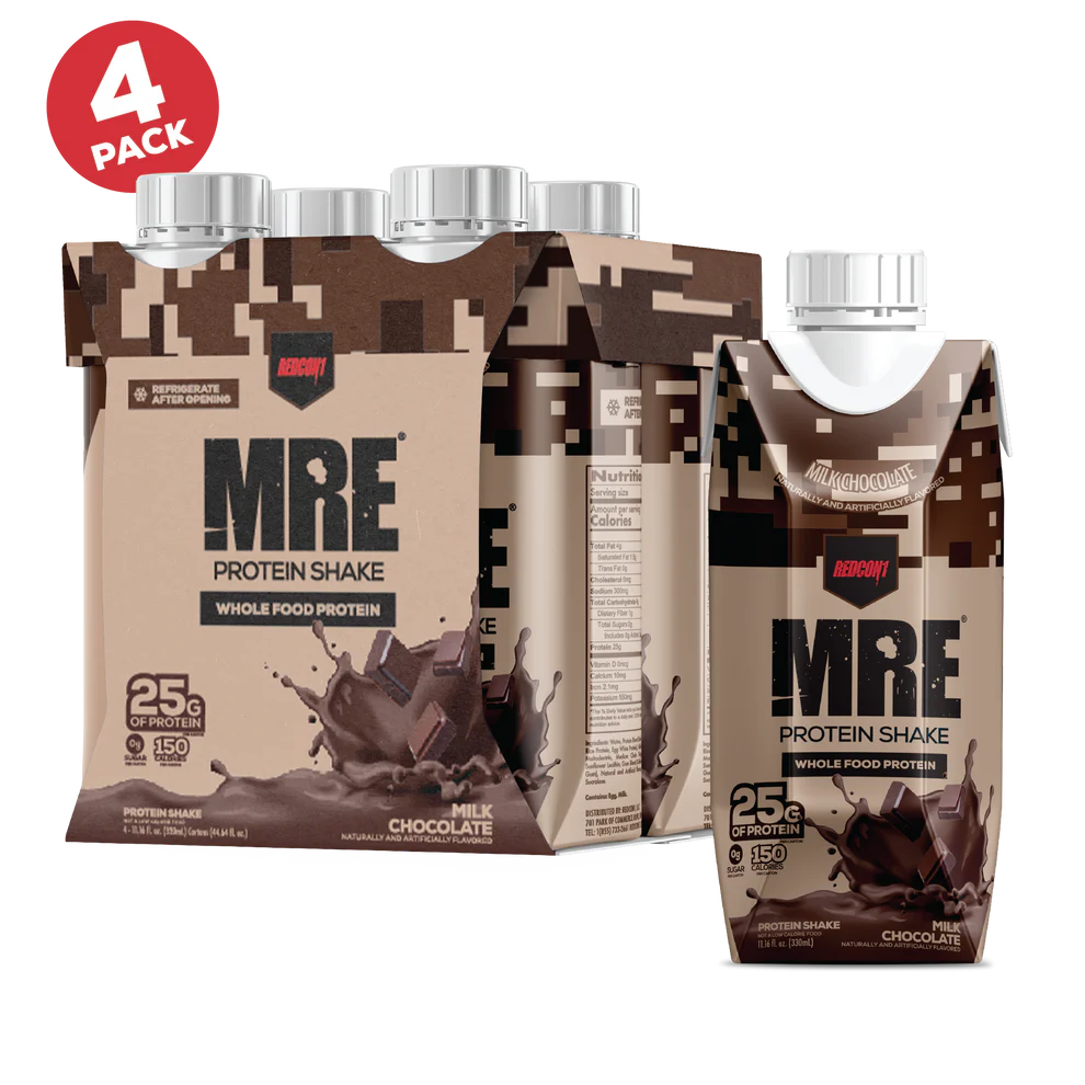 Redcon1 MRE Protein Shake on workout table