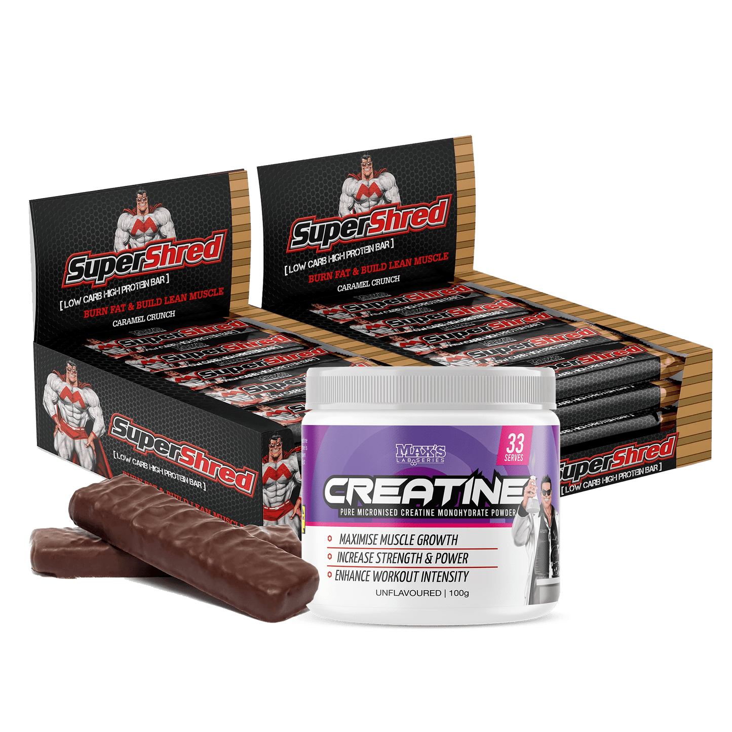 SuperShred Bars Twin Pack by Max's — front packaging view