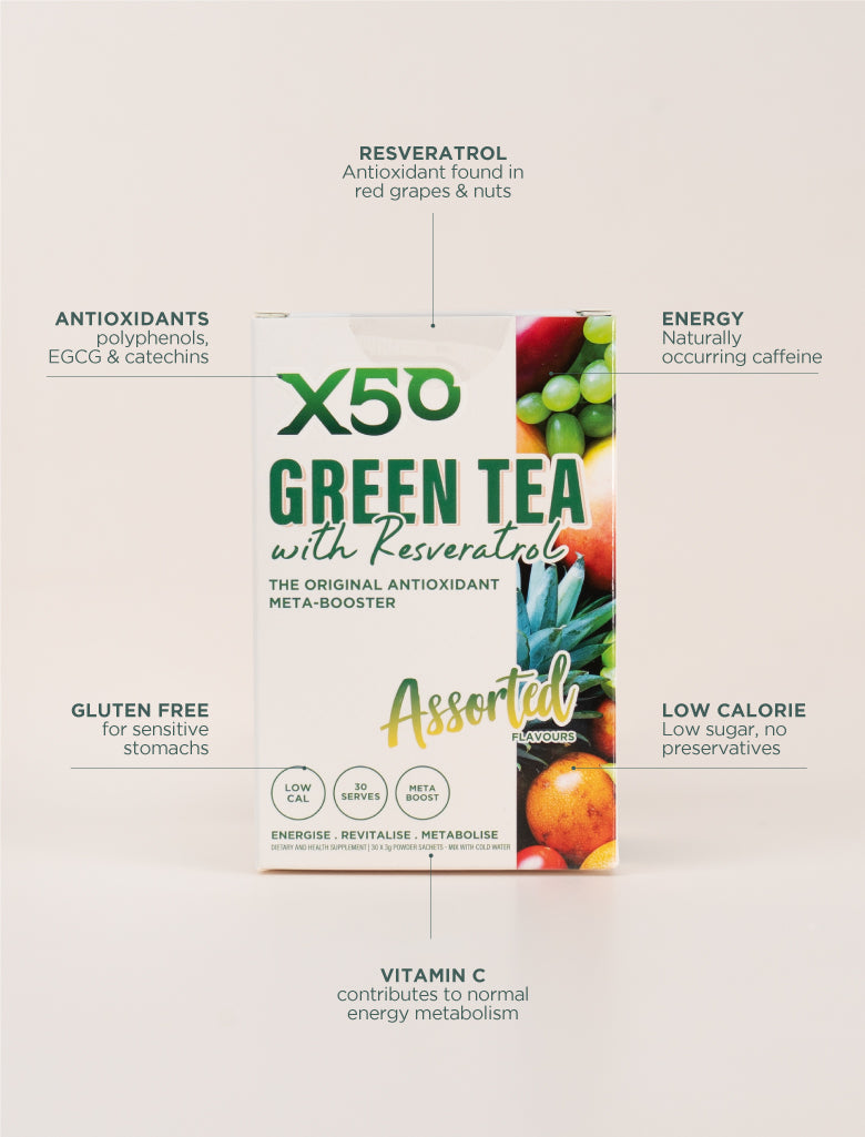 X50Lifestyle Green Tea Assorted Pack packaging close-up